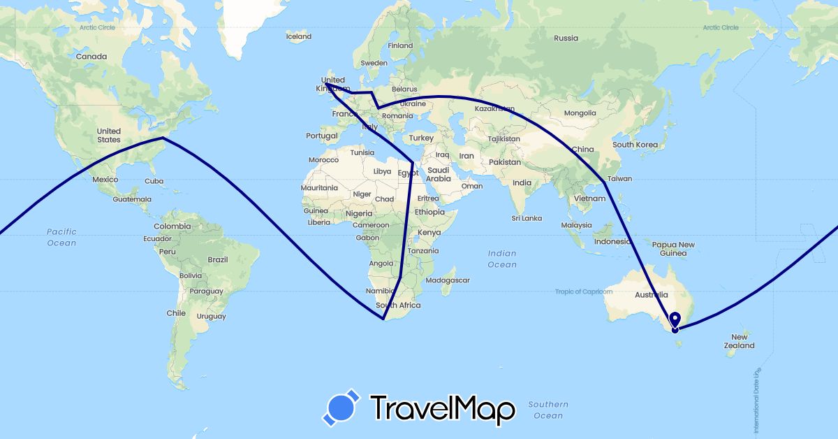 TravelMap itinerary: driving in Austria, Australia, China, Germany, Egypt, France, United Kingdom, Italy, Netherlands, United States, South Africa, Zambia (Africa, Asia, Europe, North America, Oceania)